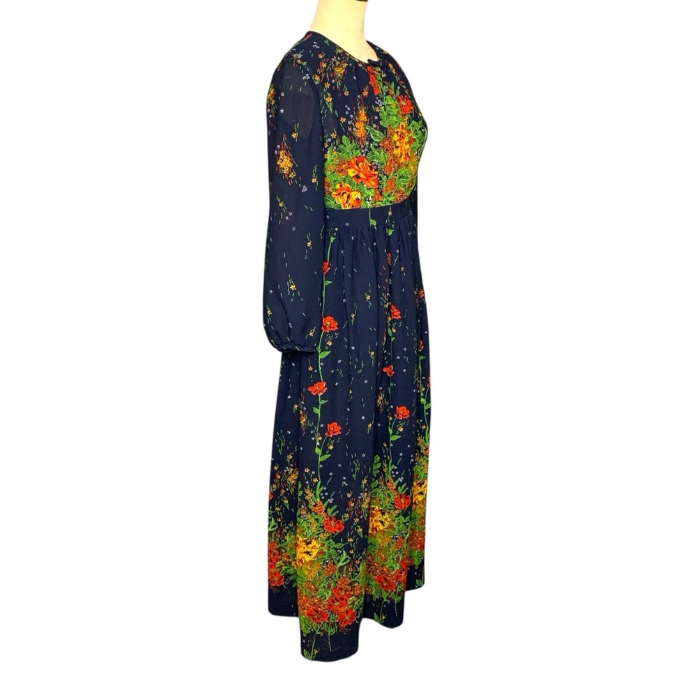 Vintage 70s Floral Maxi Dress Blue Colorful Sz 8 Sheer Long Sleeve Elegant Gown - Picture 3 of 16